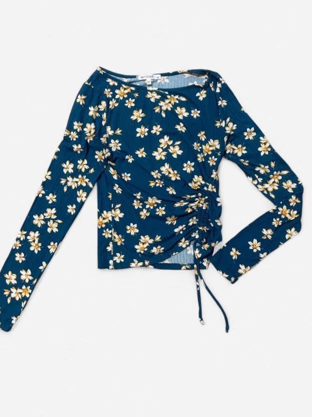 Floral Ruched Long-Sleeve Top in Teal Blue
